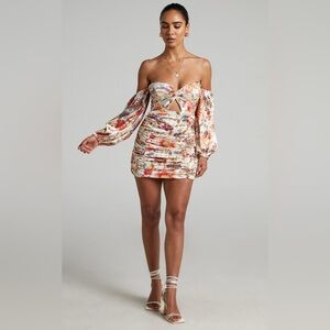RNWY RUNAWAY THE LABEL FLEUR MINI DRESS IN SAND FLORAL small off the shoulder
